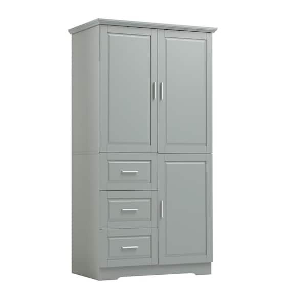 URTR Gray 62.2 in. H Wide Storage Cabinet with Adjustable Shelves Bathroom Cabinet Wooden Floor Cabinet with 3-Drawers