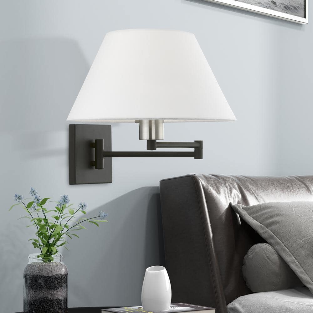 Black and Brushed Nickel Swing Arm Wall Sconce with Fabric Shade
