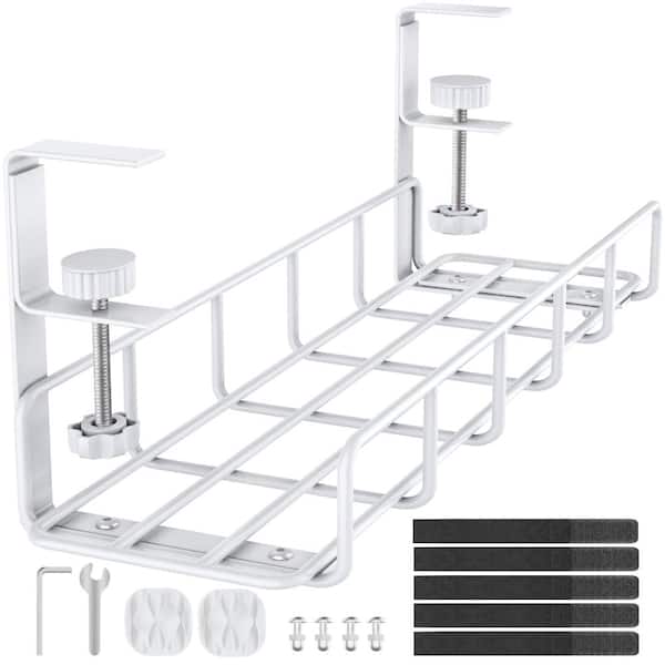 No-Drill Under Desk Cable Management Tray 15.7 in Steel Wire Organizer with Clamp Mount, 2-Pack White