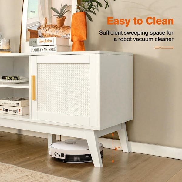 Gymax 59 in. W TV Stand Entertainment Media Console for TV up to 65 in. with 2 Rattan Cabinets and Open Shelves White GYM07385