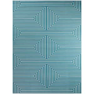 Paskal Teal/White 5 ft. x 7 ft. Geometric Striped Area Rug