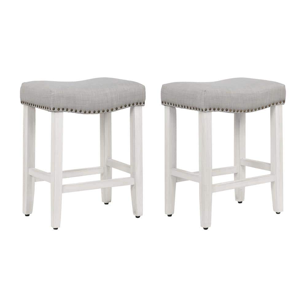 Antique White & Gray 24" Upholstered Saddle Bar Stool with Nailhead Trim