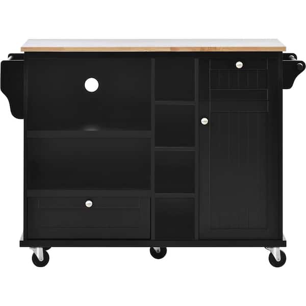 JimsMaison Black Rubberwood Kitchen Cart with Drop Leaf, Microwave storage rack, Exterior Shelves, and 2 drawers