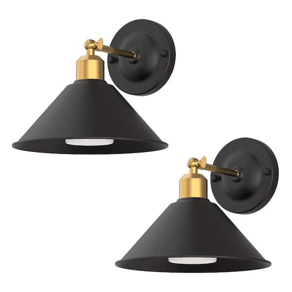 9 in. 1-Light Black and Gold Bell Wireless Wall Sconces for Bedroom, Dimmable LED Lights with Remote Control (2-Pack)