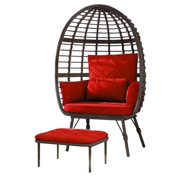 Gardenbee Patio Brown Wicker Indoor/Outdoor Egg Lounge Chair with Ottoman and Red Cushions