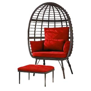 Patio Brown Wicker Indoor/Outdoor Egg Lounge Chair with Ottoman and Red Cushions