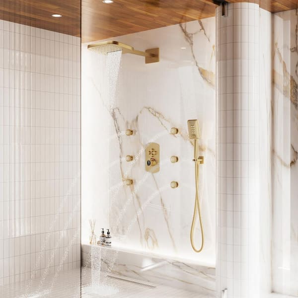 4-Spray 22 in. Wall Mount Dual Shower Heads and Handheld Shower Head with 1.8 GPM 6-Body Spray in Brushed Gold
