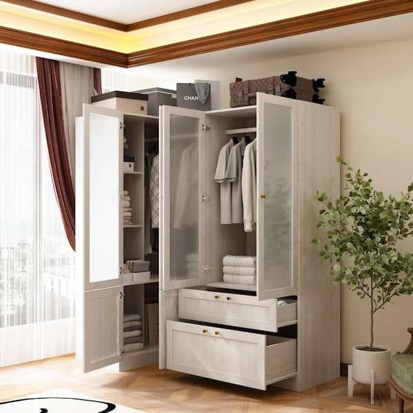 Light Oak Wood 66.9 in. Bedroom Wardrobe with Tempered Glass Doors, Corner Unit, Hanging Rod and Storage Drawers