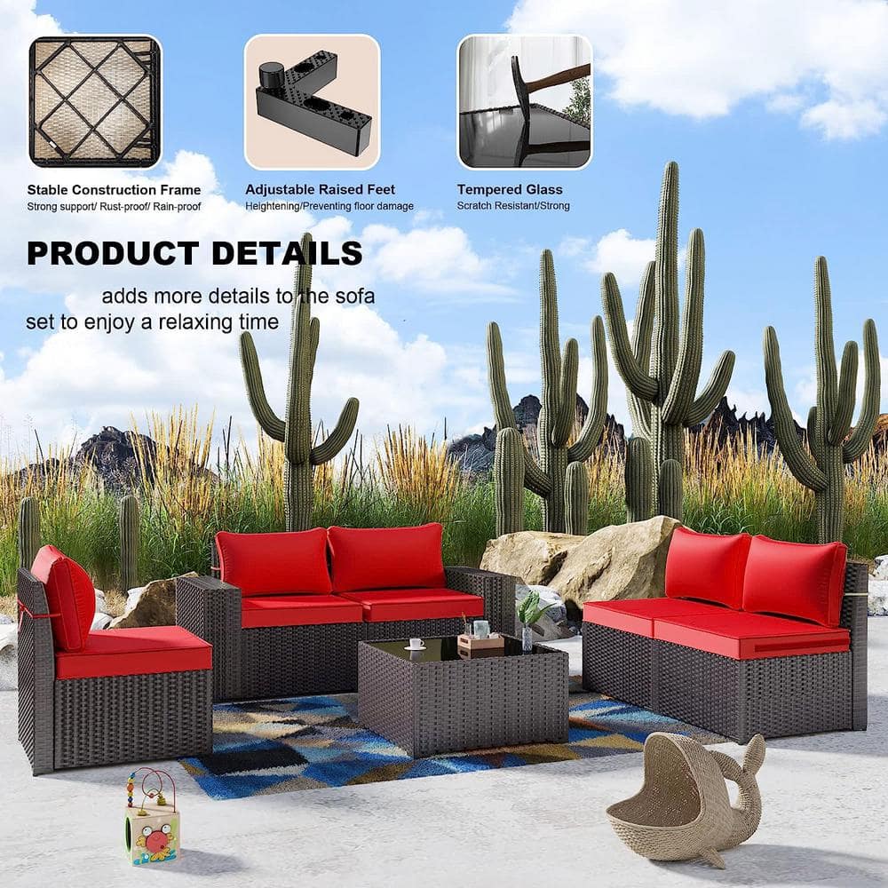 5-Person Brown Steel Frame Red Cushioned Wicker Outdoor Sectional Set