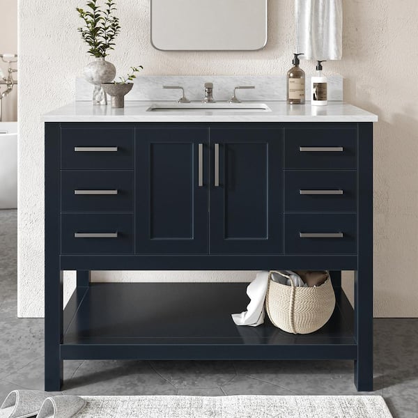 ARIEL Magnolia 43 in. W x 22 in. D x 36 in. H Bath Vanity in Midnight Blue with White Marble Vanity Top with White Basin