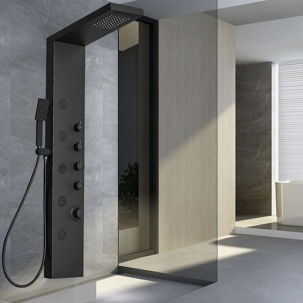 Dual 3-in-1, 5-Jet Shower Panel Tower System with Rainfall Waterfall Shower Head, and Massage Body Jets in Matte Black