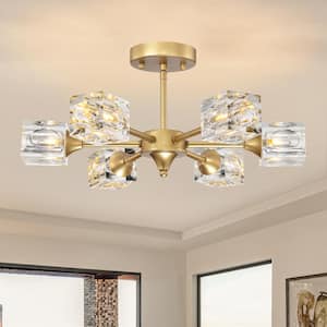 18.1 in. 6-Light Matte Gold Modern Crystal Semi-Flush Mount Ceiling Light with Crystal Shade, No Bulbs Included