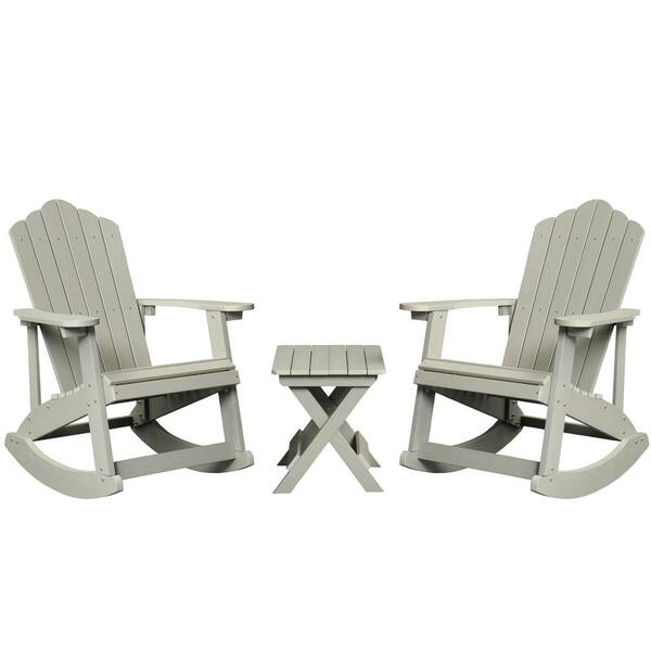 HOOOWOOO Rocky Light Gray 3-Piece Recycled Plastic Outdoor Patio Conversation Adirondack Rocking Chair Set with a Side Table