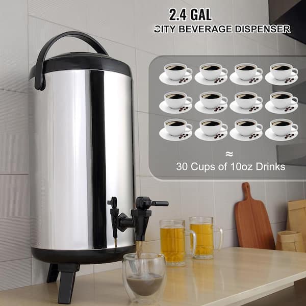 2.4 gal. Stainless Steel Insulated Beverage Dispenser, Thermal Hot and Cold Drink Server with Spigot Handle, Food-Grade