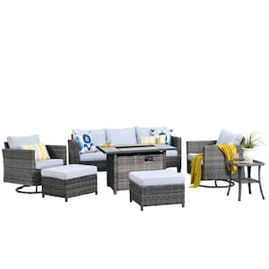 Hyperion 7-Piece Wicker Patio Rectangular Fire Pit Set and with Gray Cushions and Swivel Rocking Chairs