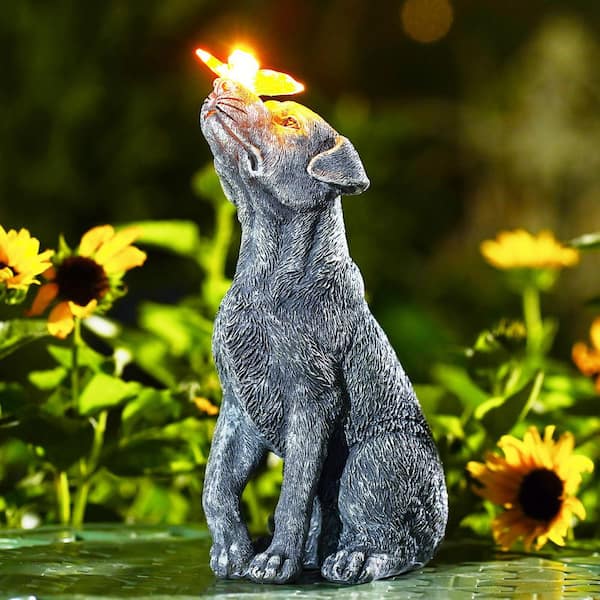 Gray Dog Statue with Solar Butterfly-Resin Solar Garden Decor-Beautifully Crafted Gifts for Mom Women