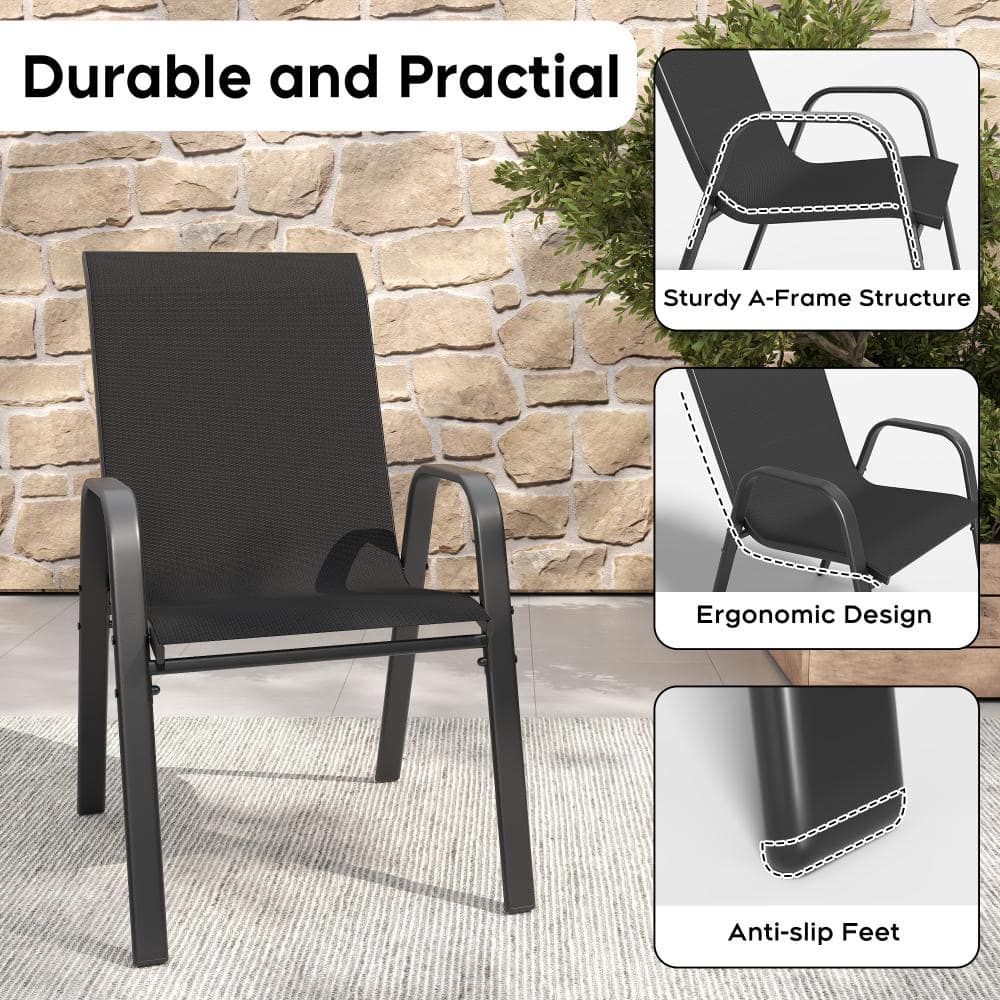 A black patio chair with callouts highlighting the A-frame structure, ergonomic design, and anti-slip feet.