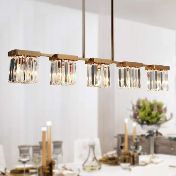 Modern Plating Brass Island Chandelier With Square Crystal Shades 40.2 in. 5-Light Linear Large Pendant for Dining Room