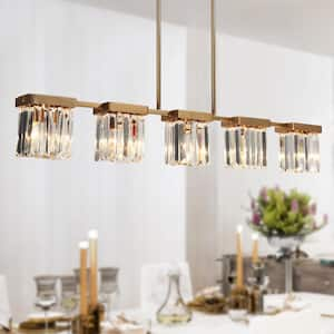 Modern Plating Brass Island Chandelier With Square Crystal Shades 40.2 in. 5-Light Linear Large Pendant for Dining Room