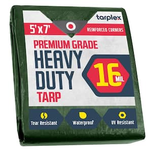Tarplex 5 ft. x 7 ft. Super Heavy-Duty Hunter Green 16 mil Poly Tarp , Waterproof UV Resistant for Patio Pool Cover Roof