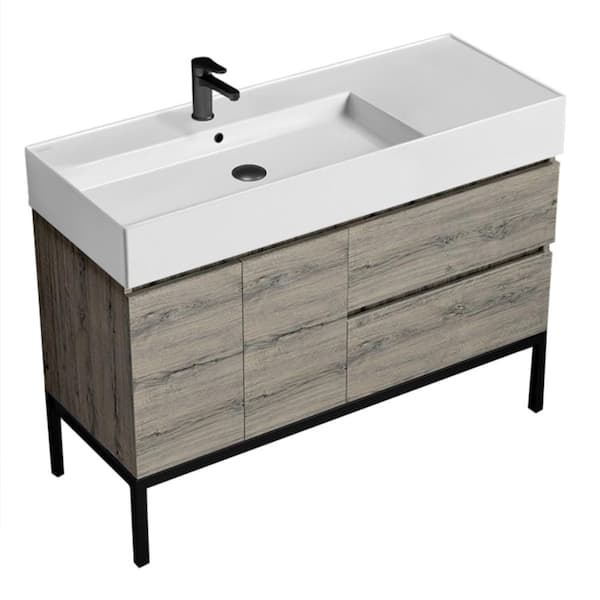 Nameeks Block 47.6 in. W x 18.1 in. D x 34.65 in. H Modern Bathroom Vanity in Grey Oak With White Ceramic Top