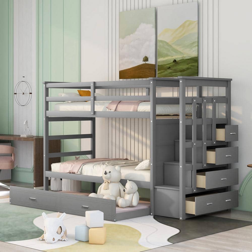Urtr Gray Twin Over Twin Bunk Bed With Trundle, Solid Wood Bunk Bed Frame  With Stairs And 4-Storage Drawers For Kids Teens T-01259-E - The Home Depot