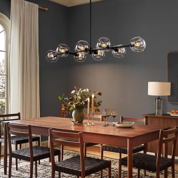 Aurelia 8-Light Modern Black Linear Sputnik Branch Pendant Globe Bubble Chandelier for Kitchen Island with Glass Shade