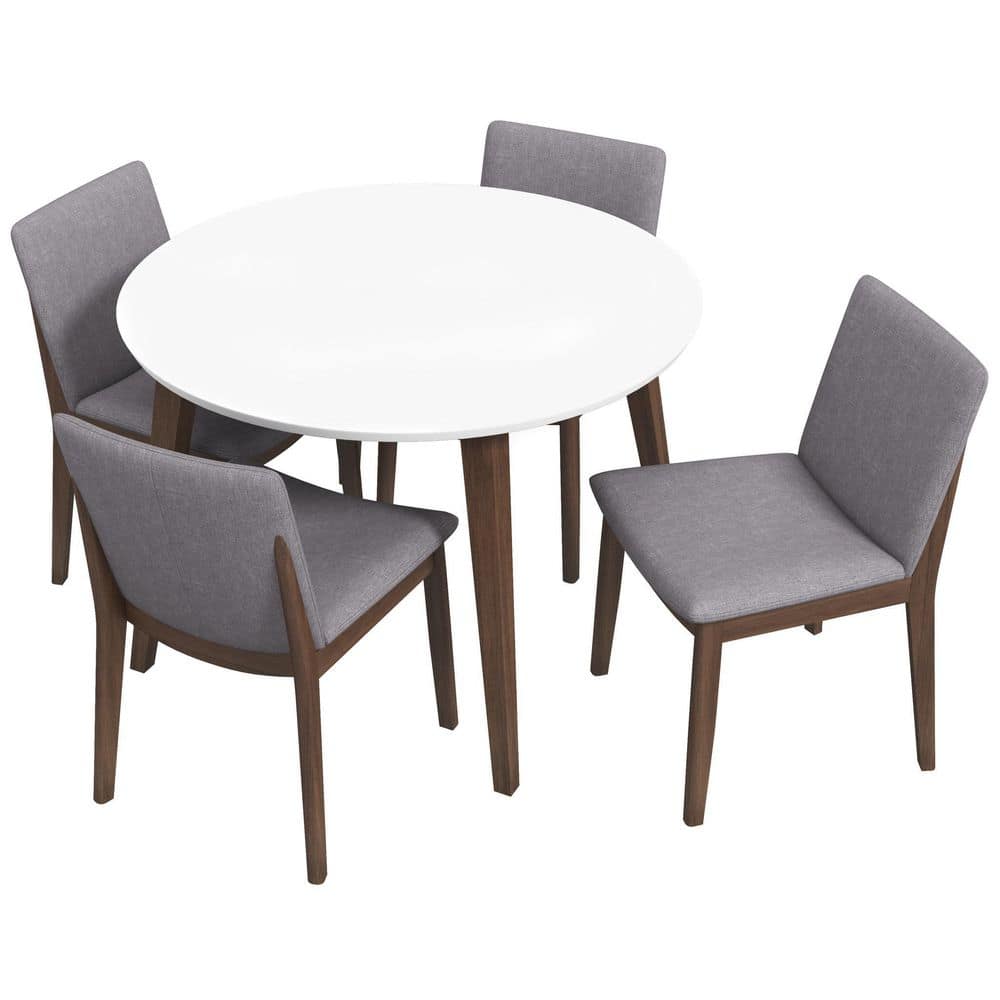 Horacio 5-Piece Mid-Century Modern Round 43 in. White Top Dining Set with 4 Fabric Dining Chairs in Light Gray -  Ashcroft Furniture Co, ASH0374