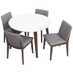 Horacio 5-Piece Mid-Century Modern Round 43 in. White Top Dining Set with 4 Fabric Dining Chairs in Light Gray
