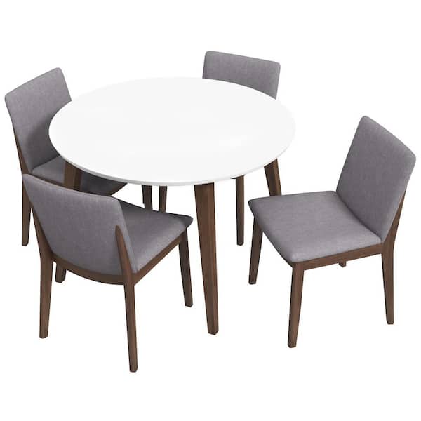 Ashcroft Furniture Co Horacio 5-Piece Mid-Century Modern Round 43 in. White Top Dining Set with 4 Fabric Dining Chairs in Light Gray