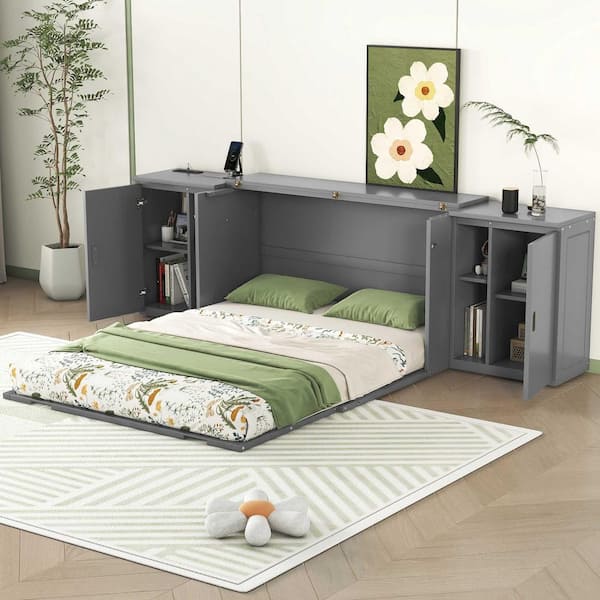 Gray Wood Frame Queen Murphy Bed with Shelves, Cabinets and USB Ports