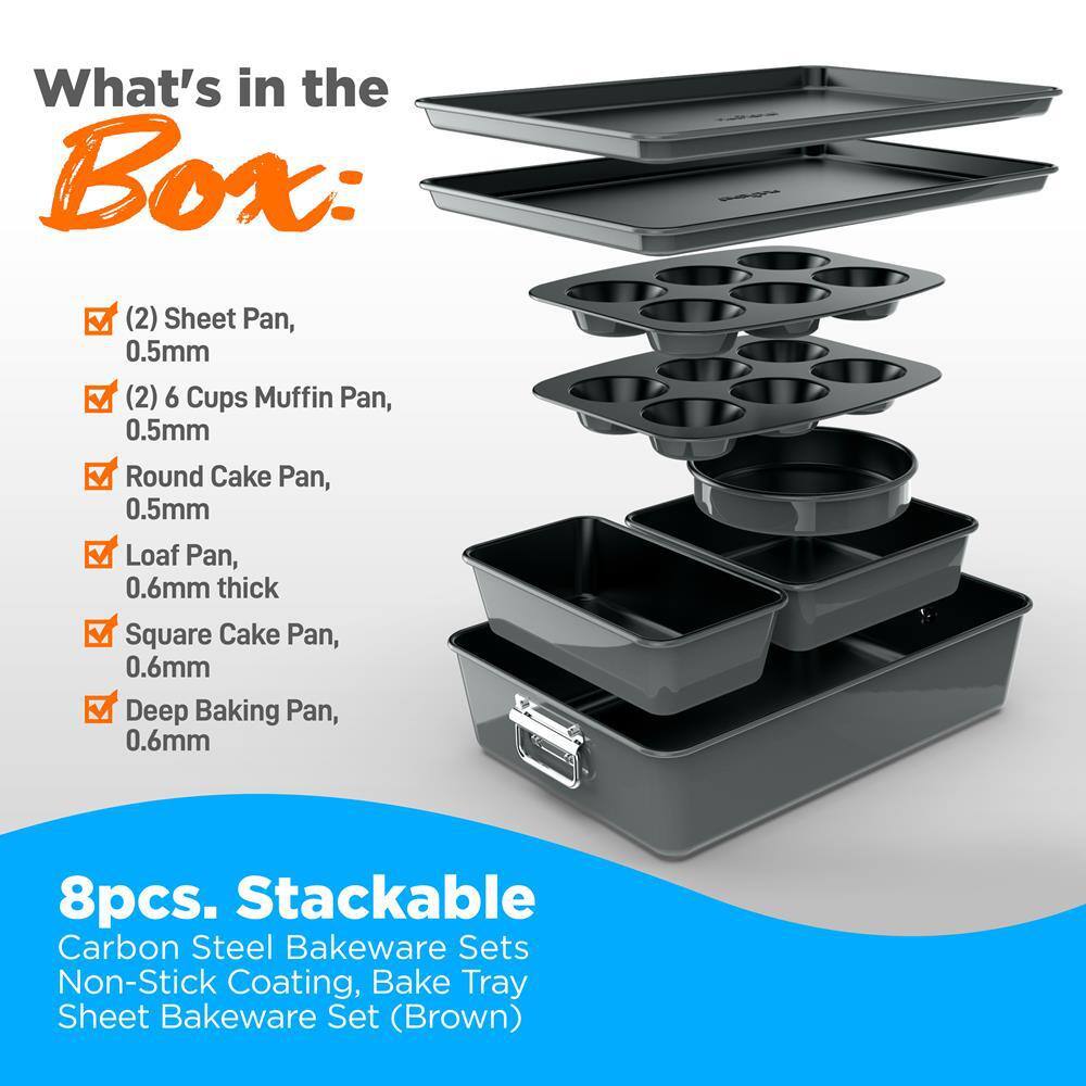 NutriChef 8-Piece Gray Carbon Steel Stackable Bakeware Set
