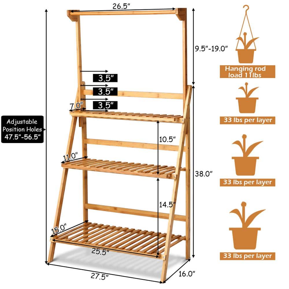 Natural Bamboo 3-Tier Hanging Folding Plant Stand