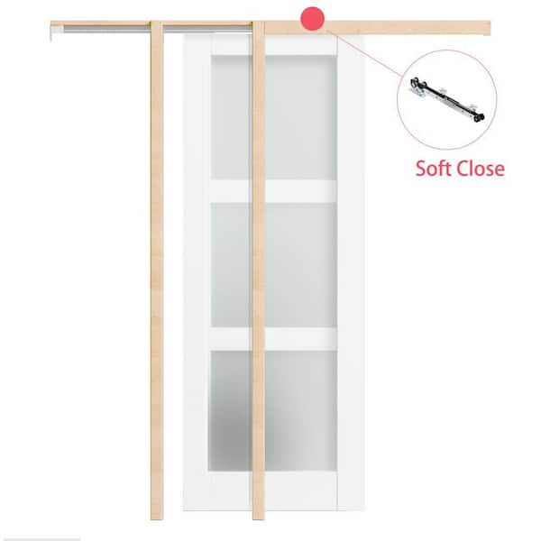 32 in. x 80 in. White Primed Solid Wood 3-Lite Frosted Glass Sliding Pocket Door with Soft Close, Frame and Hardware