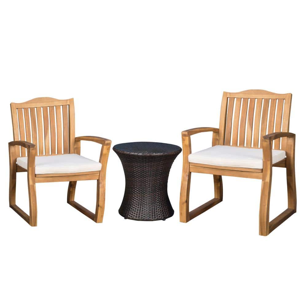 Teak and Wicker 3-Piece Beige Cushion Outdoor Seating Set