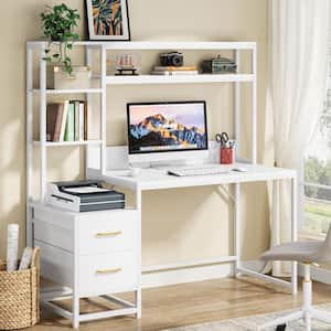 Capen 55 in. Rectangular White Engineered Wood 2-Drawer Computer Desk Corner Office Desk with Storage Shelves and Hutch