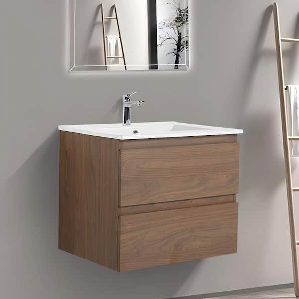 Modern 24 in. W x 18.3 in. D x 20.5 in. H Floating Bath Vanity Cabinet in Brown Oak with White Ceramic Top
