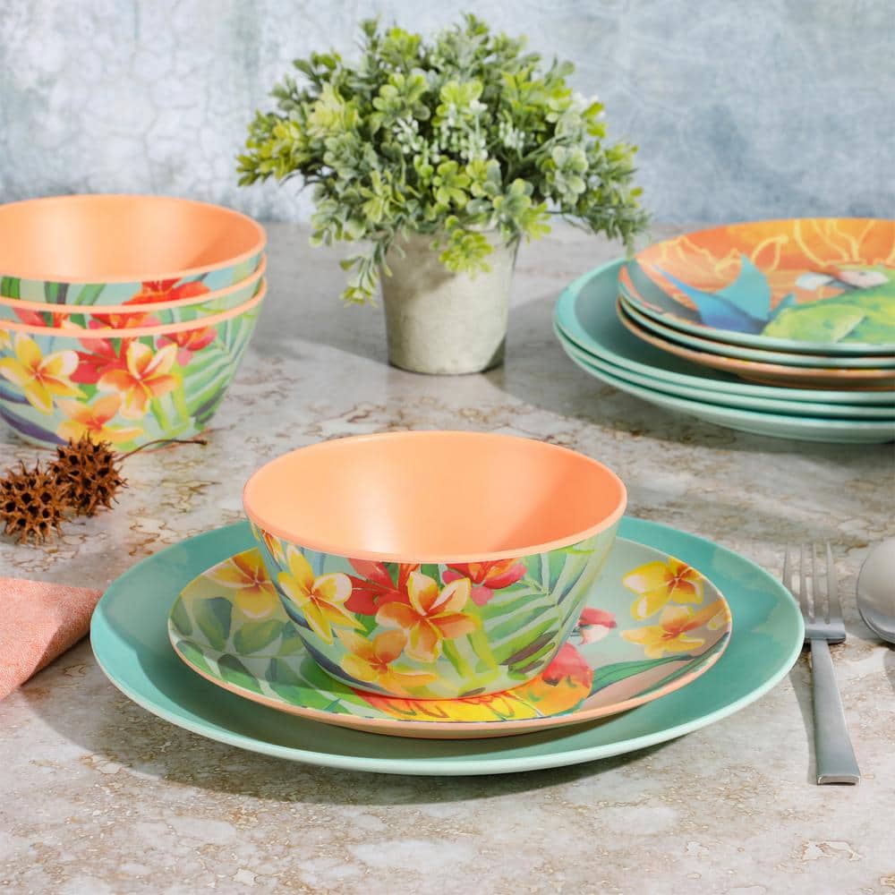 Laurie Gates Tropical Parrots 12 Piece Colorful Melamine Dinnerware Set