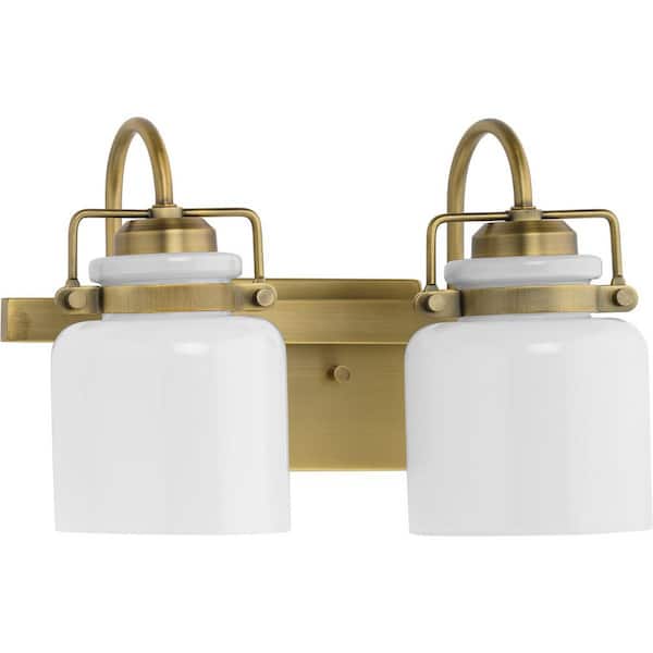 Progress Lighting Fessler Collection 13 in. 2-Light Vintage Brass Opal Glass Farmhouse Vanity Light