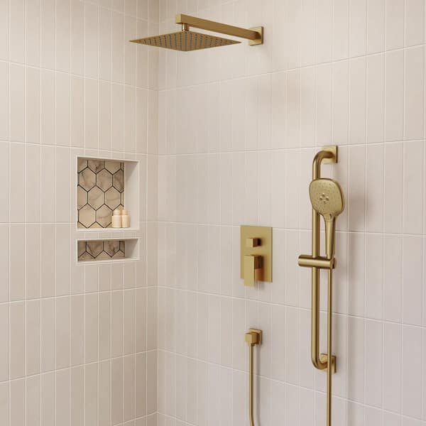 Single Handle 2-Spray Shower Faucet 2.5 GPM with Pressure Balance, Anti Scald in Brushed Gold