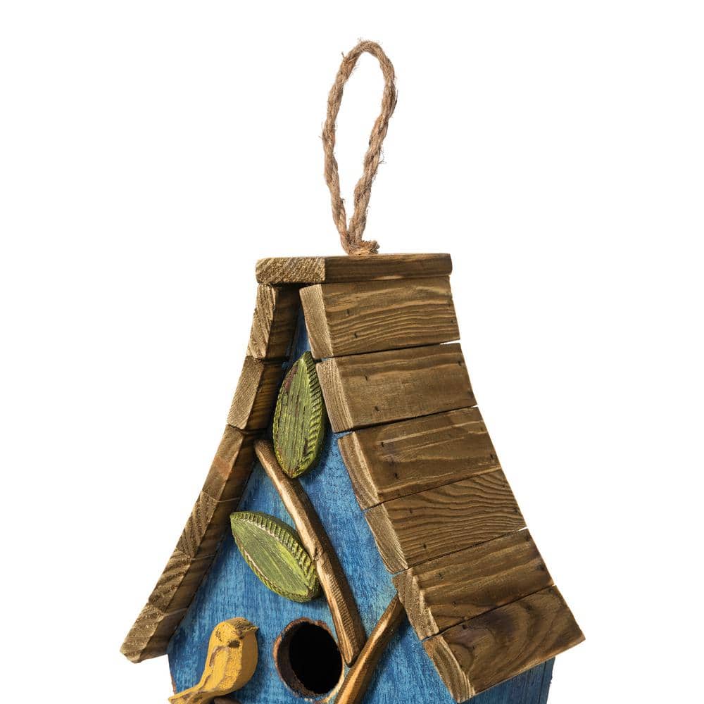Distressed Blue Wooden Birdhouse with 3D Tree and Slatted Roof
