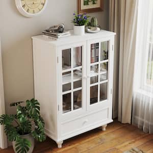 Minimalist White MDF 27.95 in. W Buffet Cabinet with Double Glass Doors and Drawer