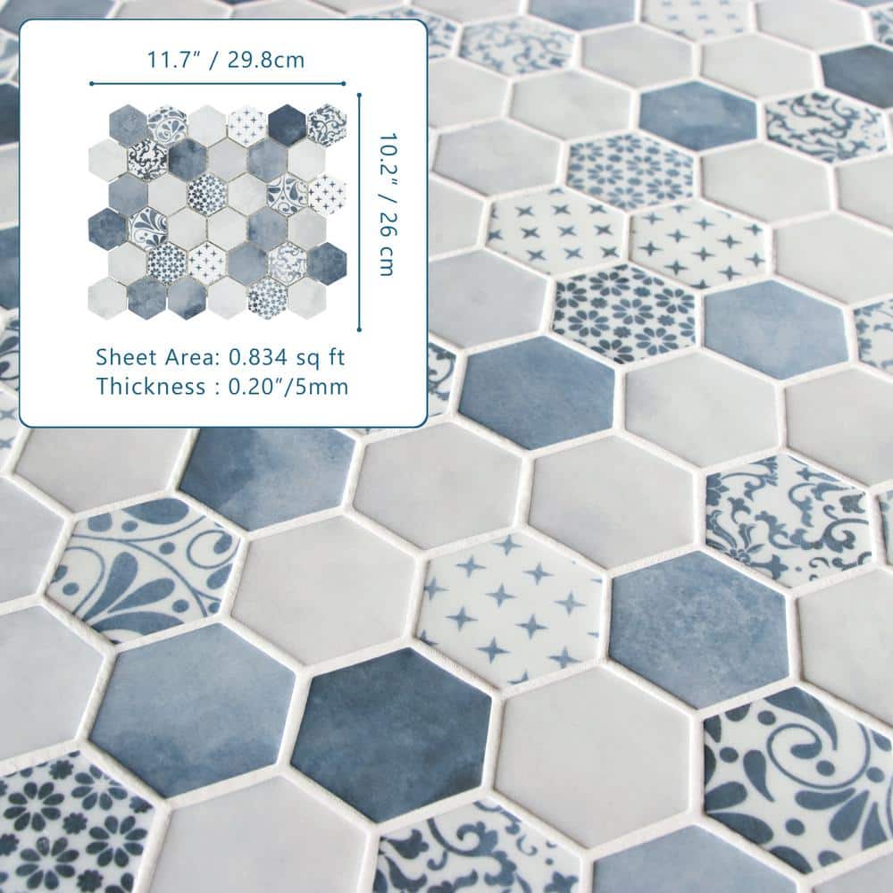 Blue and White Hexagon Recycled Glass Mosaic Tile