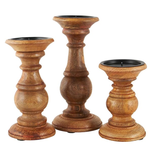 Unbranded Brown Wood Pillar Candle Holder 3-Pack