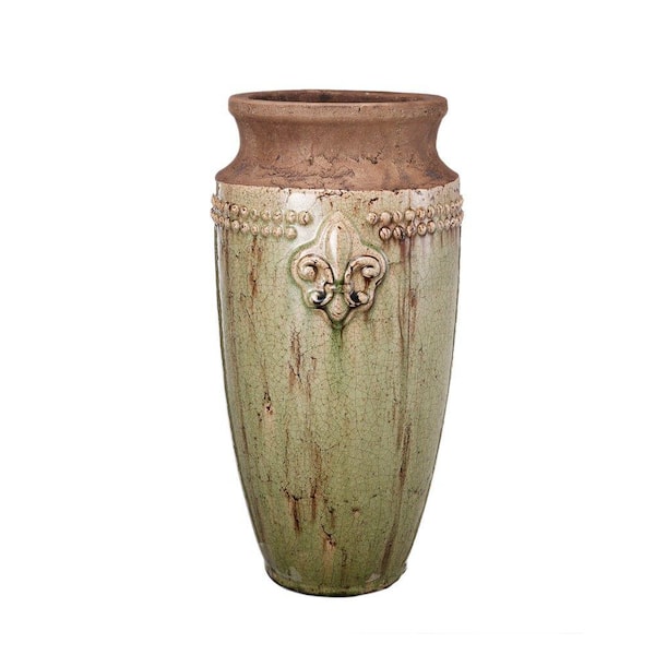 Benjara Ceramic Bronzed Green and Brown Decorative Vase With Embossed Design