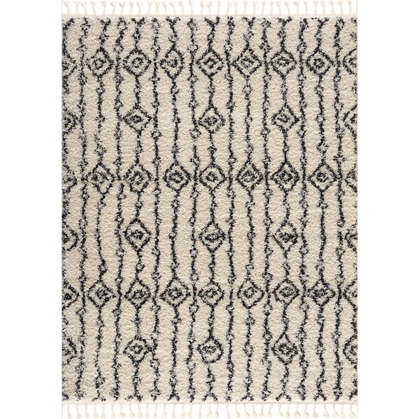 Berber Shag Bayanga 3 ft. X 6 ft. Beige, Black Shaggy Southwestern Bohemian Tribal Style Tasseled Soft Area Rug