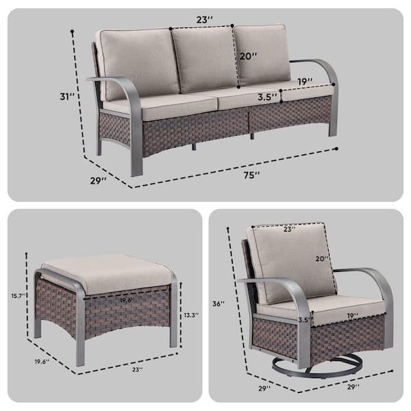 5-Piece Brown Wicker Patio Conversation Set with Beige Olefin Cushions and Swivel Glider Chairs/Ottomans/Couch