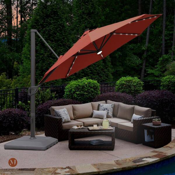Mondawe 11 ft. Aluminum Solar LED Patio Cantilever Umbrella Outdoor Market  Hanging Umbrella with Crank and Base in Red 2111RDLE-SM - The Home Depot