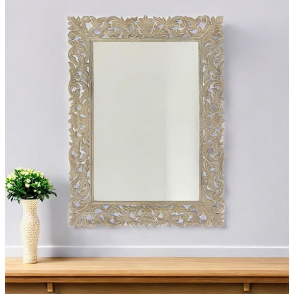 35" Gray Floral Carved Solid Wood Framed Accent Mirror
