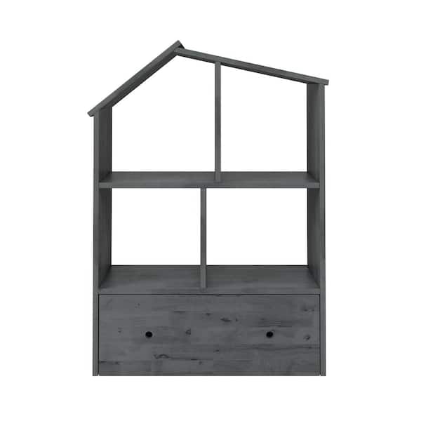 Handy Living Freemont 28.98 in. Wide Gray 4-Shelf Scandinavian Inspired Dollhouse Shaped Bookcase with Drawer